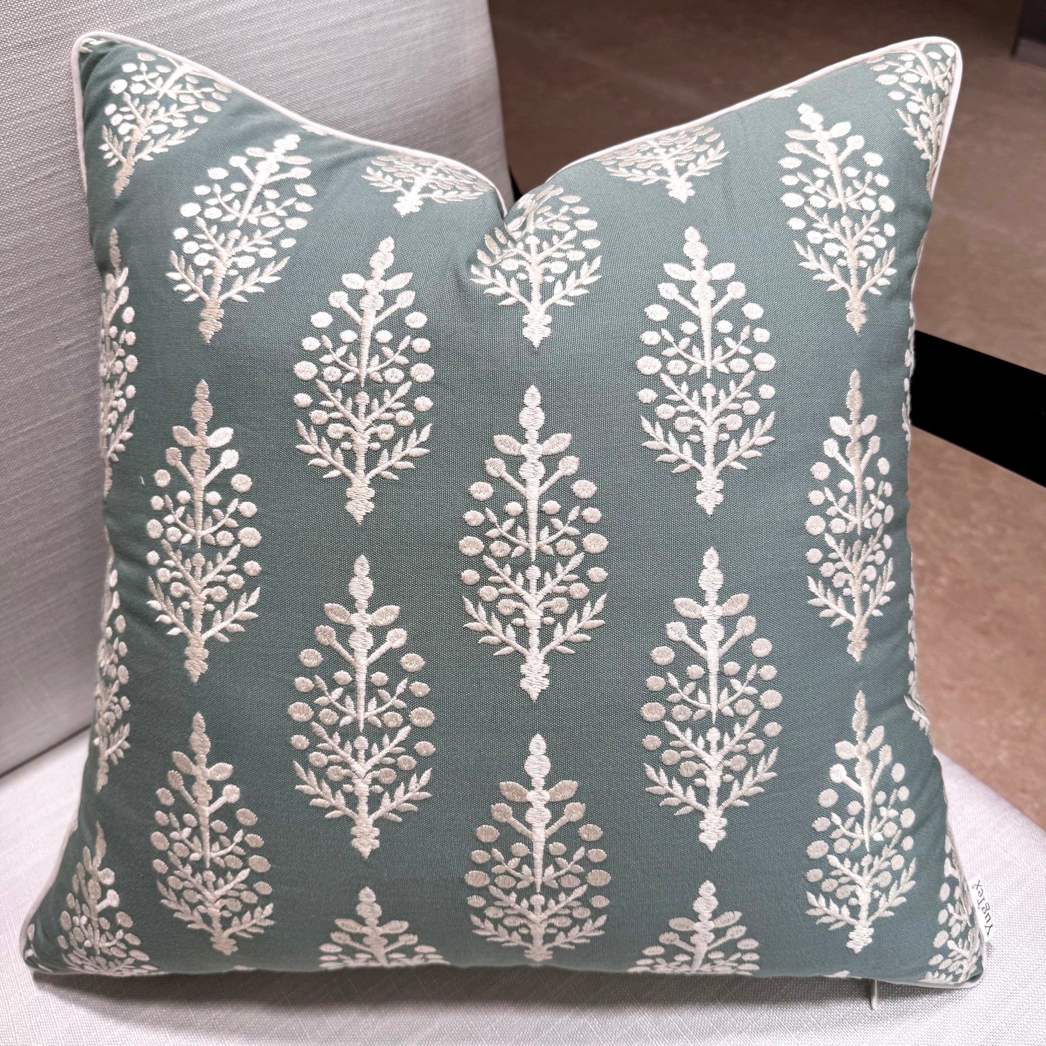 KYOMI TEAL Snow flower Cotton Handcrafted Embroidered Cushion Cover